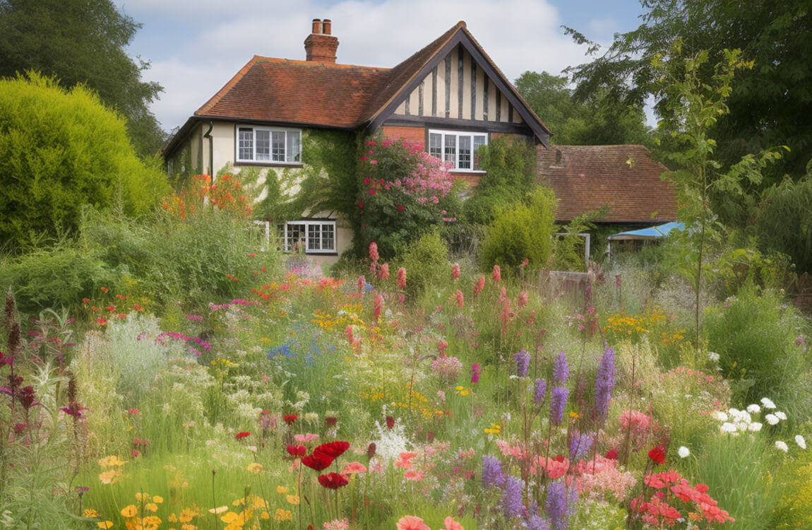 Beautiful wildflower meadow in front of bavarian home